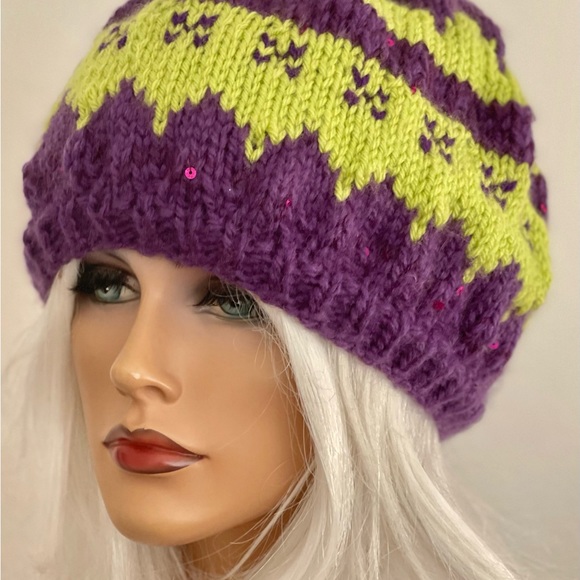 Hand Knits 2 Love Beanie Hat Cap Fair-isle Tassel Beads Sequence Purple Lime - Picture 7 of 9